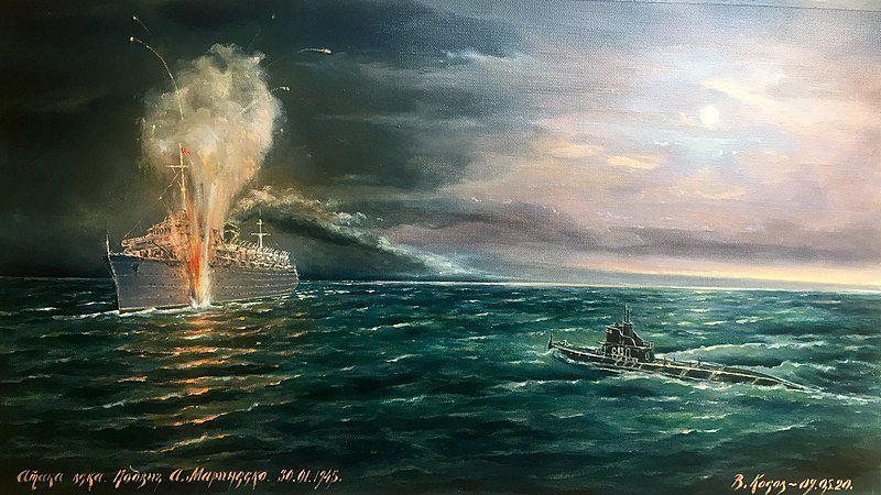 Obraz malíře Vladimira Kosova s názvem: Útok století. Smrt Wilhelma Gustloffa